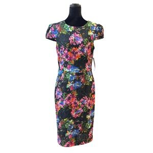 NEW Betsey Johnson Dress Black Multi Floral Lace Cap Sleeve FF03K33 Size 6